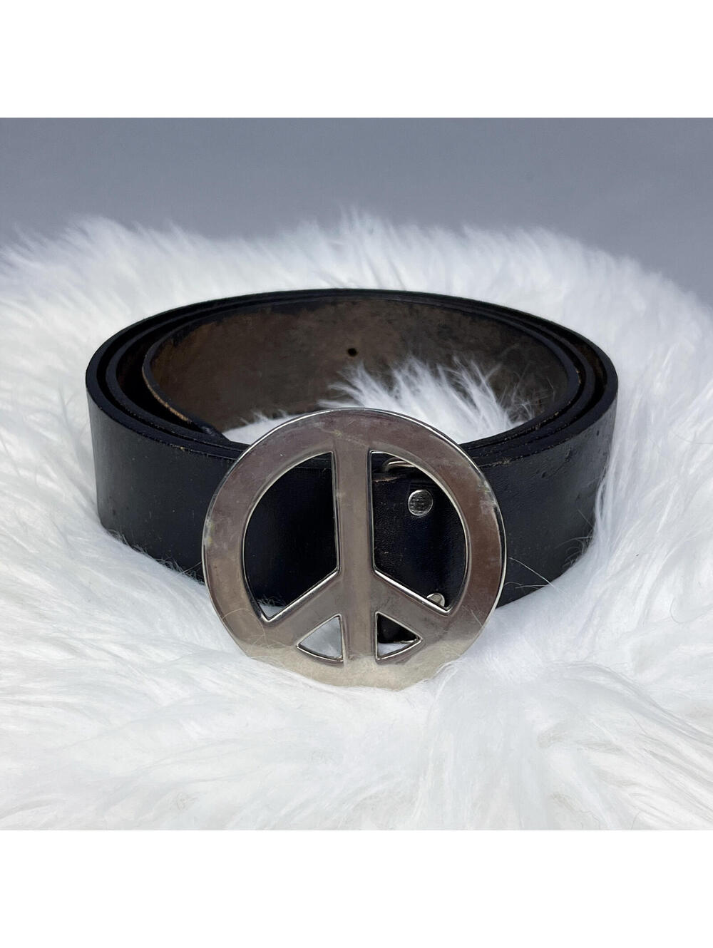 Black Leather Belt with Silver Peace Sign Buckle, 90's Vintage